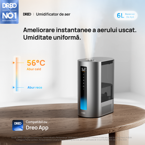 Umidificator Dreo 713S, Smart, WiFi, Rezervor 6L, Capacitate de umidificare 300 ml/h rece și 500 ml/h cald, Argintiu