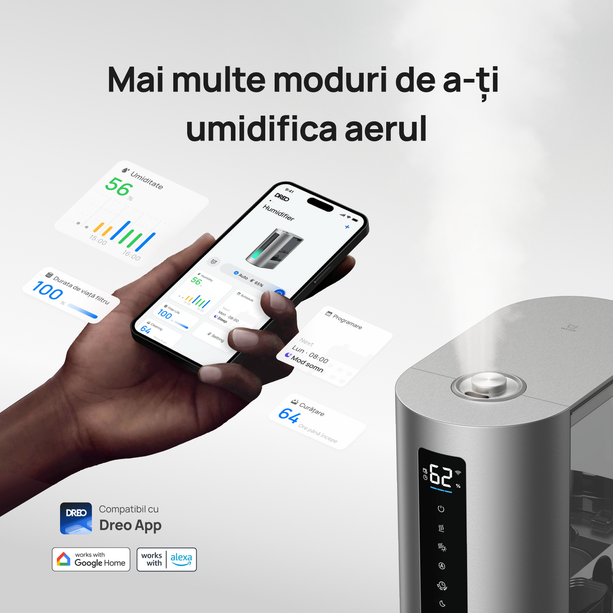 Umidificator Dreo 713S, Smart, WiFi, Rezervor 6L, Capacitate de umidificare 300 ml/h rece și 500 ml/h cald, Argintiu