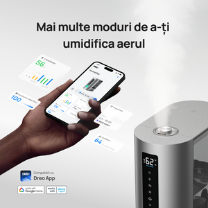 Umidificator Dreo 713S, Smart, WiFi, Rezervor 6L, Capacitate de umidificare 300 ml/h rece și 500 ml/h cald, Argintiu