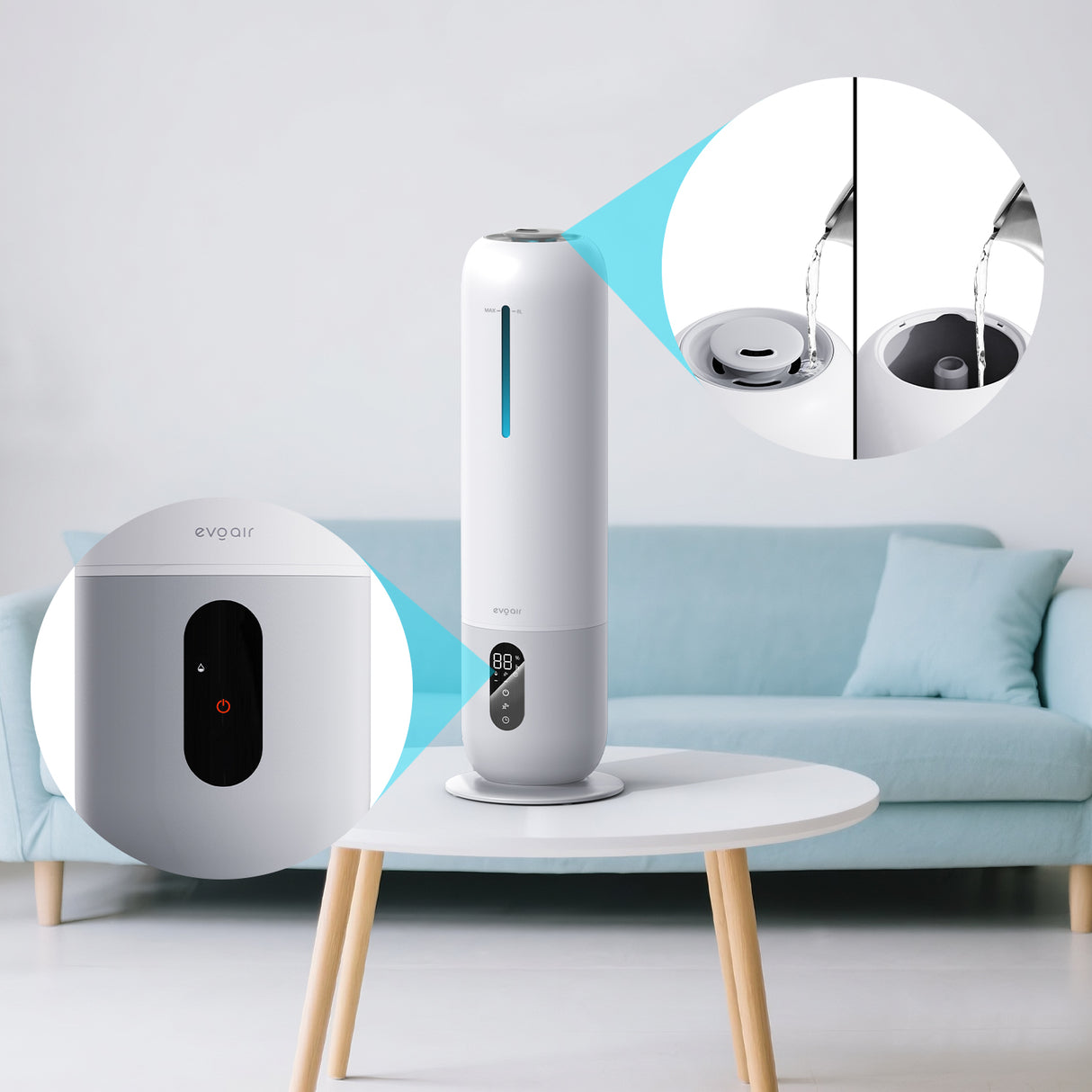 Umidificator aer Evoair Umio, Lampa UV, 3 trepte umidificare, Indicator Umiditate, Duză de Ceață, Aromaterapie, Telecomandă, Alb