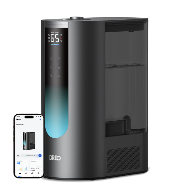Umidificator aer Dreo DR-HHM013S Smart, Rezervor 6l, 500ml/h, Functie Incalzire, 3 trepte umidificare, Indicator Umiditate, Duză de Ceață, Mod Auto, Aromaterapie, Negru