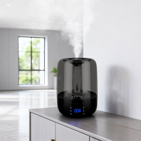 Umidificator Evoair LUNO BLACK, Smart, Wifi, Rezervor 2.5L, Capacitate de umidificare 150 ml/h, Senzor umiditate, Autonomie 16 ore, Indicator umiditate și temperatură, Negru&Gri