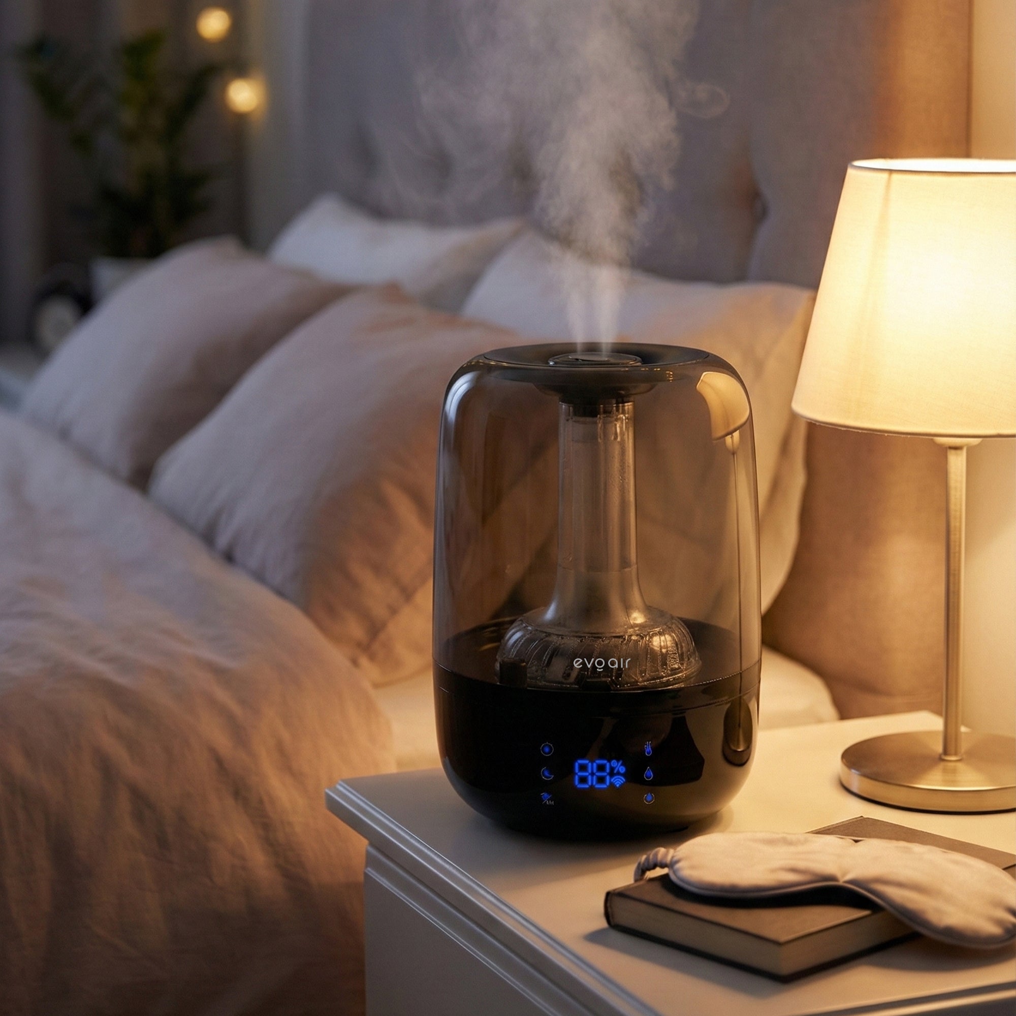 Umidificator Evoair LUNO BLACK, Smart, Wifi, Rezervor 2.5L, Capacitate de umidificare 150 ml/h, Senzor umiditate, Autonomie 16 ore, Indicator umiditate și temperatură, Negru&Gri