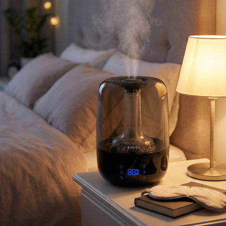 Umidificator Evoair LUNO BLACK, Smart, Wifi, Rezervor 2.5L, Capacitate de umidificare 150 ml/h, Senzor umiditate, Autonomie 16 ore, Indicator umiditate și temperatură, Negru&Gri