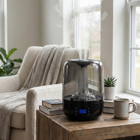 Umidificator Evoair LUNO BLACK, Smart, Wifi, Rezervor 2.5L, Capacitate de umidificare 150 ml/h, Senzor umiditate, Autonomie 16 ore, Indicator umiditate și temperatură, Negru&Gri