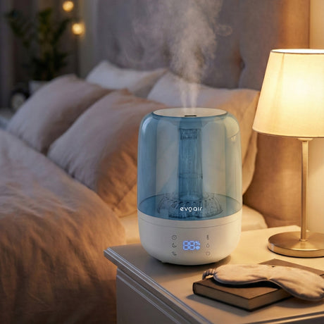 Umidificator Evoair LUNO, Smart, Wifi, Rezervor 2.5L, Capacitate de umidificare 150 ml/h, Senzor umiditate, Autonomie 16 ore, Indicator umiditate și temperatură, Filtru mineral Anticalcar