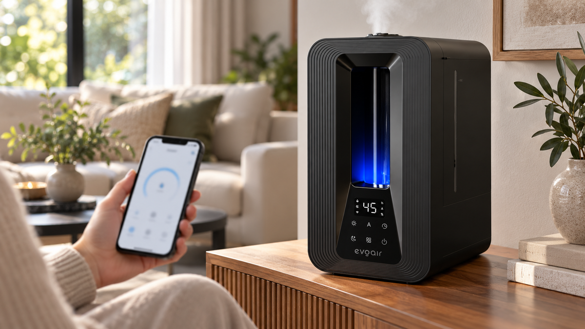 Resigilat! Umidificator Evoair Misto Smart, Wifi, Rezervor 5 L, Capacitate de umidificare 250 ml/h, Senzor de Umiditate, Lumină ambientală RGB, Negru