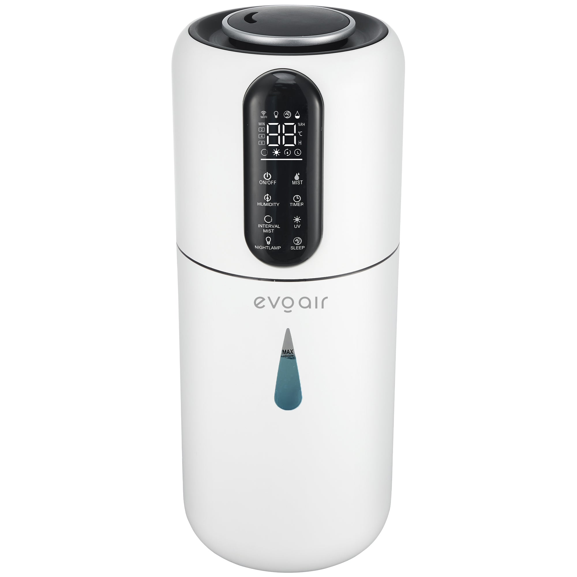 Umidificator Evoair STEAMIX3800 Smart, Wifi, Rezervor 3.8L, Capacitate de umidificare 300ml/h, Senzor umiditate, Mod Auto, Autonomie 13 ore, Lampă UVA, Aromaterapie, Indicator umiditate și temperatură, Telecomandă, Alb
