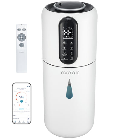 Umidificator Evoair STEAMIX3800 Smart, Wifi, Rezervor 3.8L, Capacitate de umidificare 300ml/h, Senzor umiditate, Mod Auto, Autonomie 13 ore, Lampă UVA, Aromaterapie, Indicator umiditate și temperatură, Telecomandă, Alb