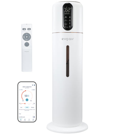 Umidificator Evoair STEAMIX8500 Smart, Wifi, Rezervor 8.5L, Capacitate de umidificare 300ml/h, Senzor umiditate, Mod Auto, Autonomie 28 ore, Lampă UVA, Aromaterapie, Indicator umiditate și temperatură, Telecomandă, Alb