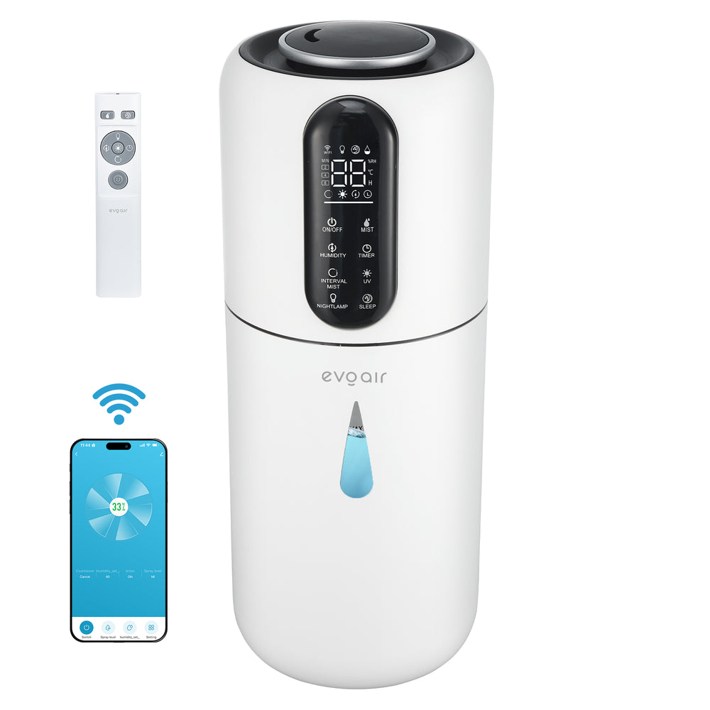 Umidificator Evoair STEAMIX3800 Smart, Wifi, Rezervor 3.8L, Capacitate de umidificare 300ml/h, Senzor umiditate, Mod Auto, Autonomie 13 ore, Lampă UVA, Aromaterapie, Indicator umiditate și temperatură, Telecomandă, Alb