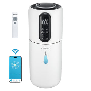 Umidificator Evoair STEAMIX3800 Smart, Wifi, Rezervor 3.8L, Capacitate de umidificare 300ml/h, Senzor umiditate, Mod Auto, Autonomie 13 ore, Lampă UVA, Aromaterapie, Indicator umiditate și temperatură, Telecomandă, Alb