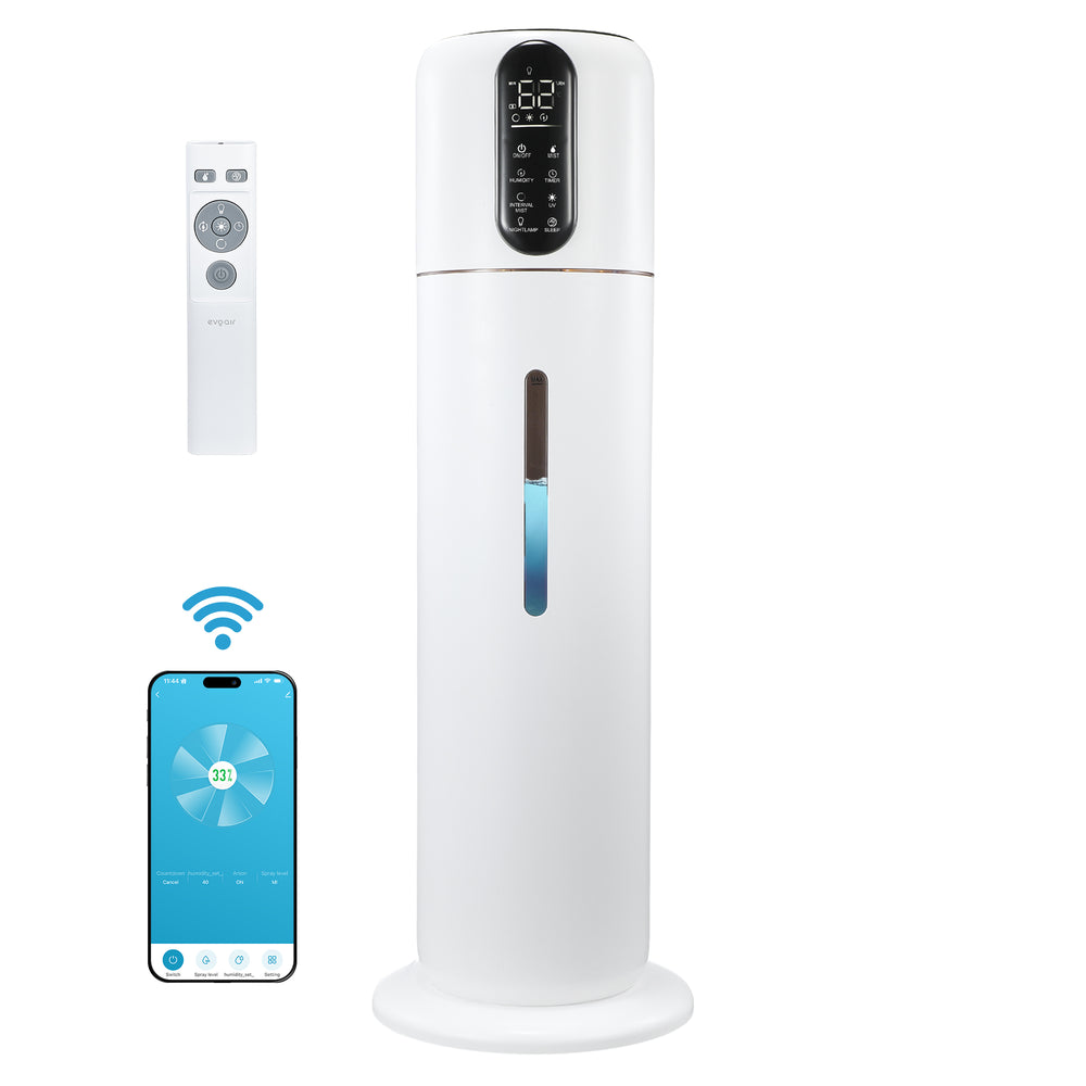 Umidificator Evoair STEAMIX8500 Smart, Wifi, Rezervor 8.5L, Capacitate de umidificare 300ml/h, Senzor umiditate, Mod Auto, Autonomie 28 ore, Lampă UVA, Aromaterapie, Indicator umiditate și temperatură, Telecomandă, Alb