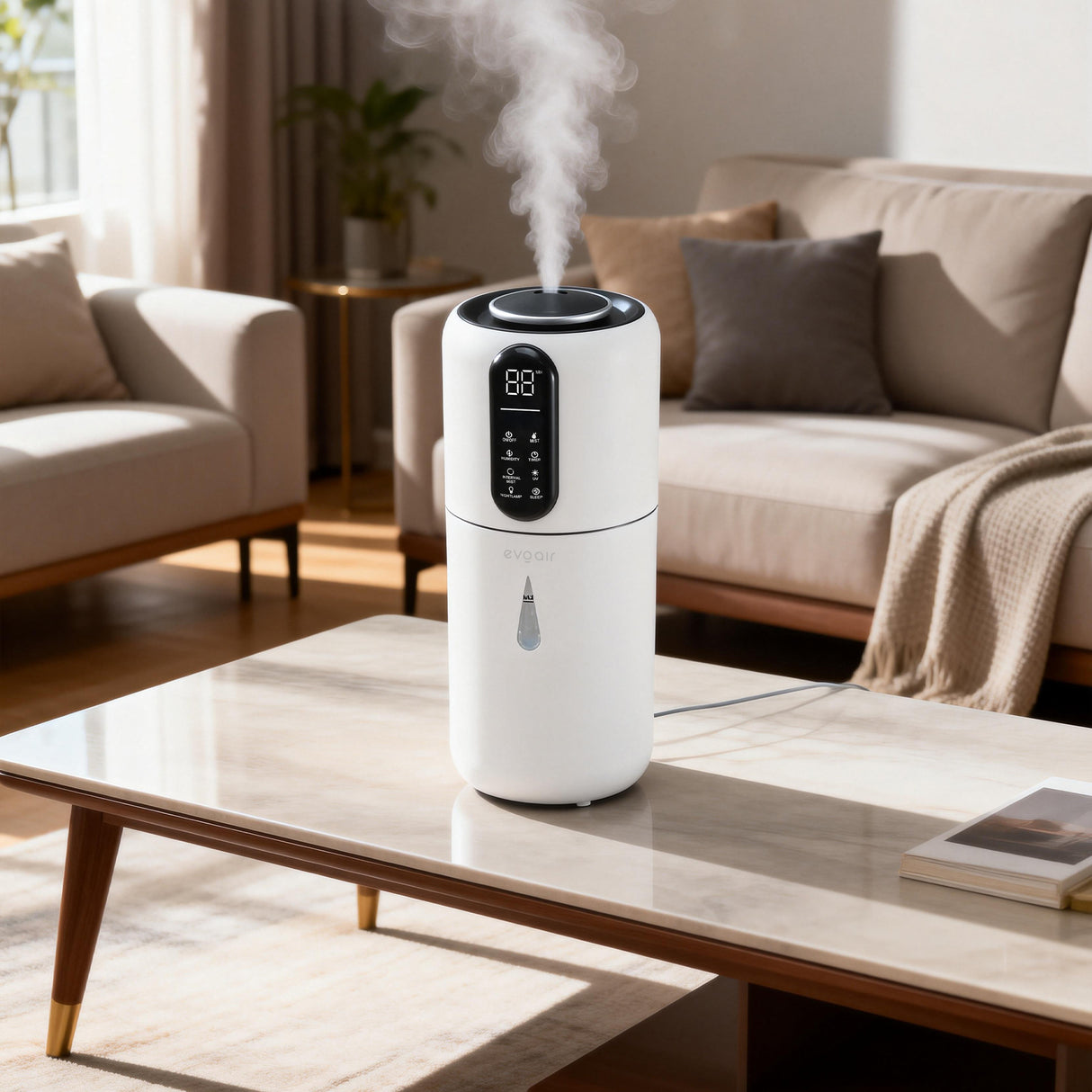 Umidificator Evoair STEAMIX3800 Smart, Wifi, Rezervor 3.8L, Capacitate de umidificare 300ml/h, Senzor umiditate, Mod Auto, Autonomie 13 ore, Lampă UVA, Aromaterapie, Indicator umiditate și temperatură, Telecomandă, Alb