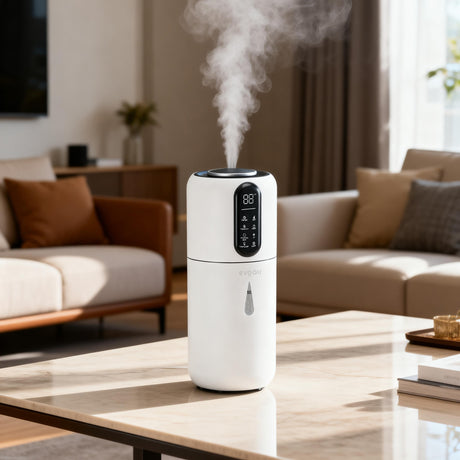 Umidificator Evoair STEAMIX3800 Smart, Wifi, Rezervor 3.8L, Capacitate de umidificare 300ml/h, Senzor umiditate, Mod Auto, Autonomie 13 ore, Lampă UVA, Aromaterapie, Indicator umiditate și temperatură, Telecomandă, Alb