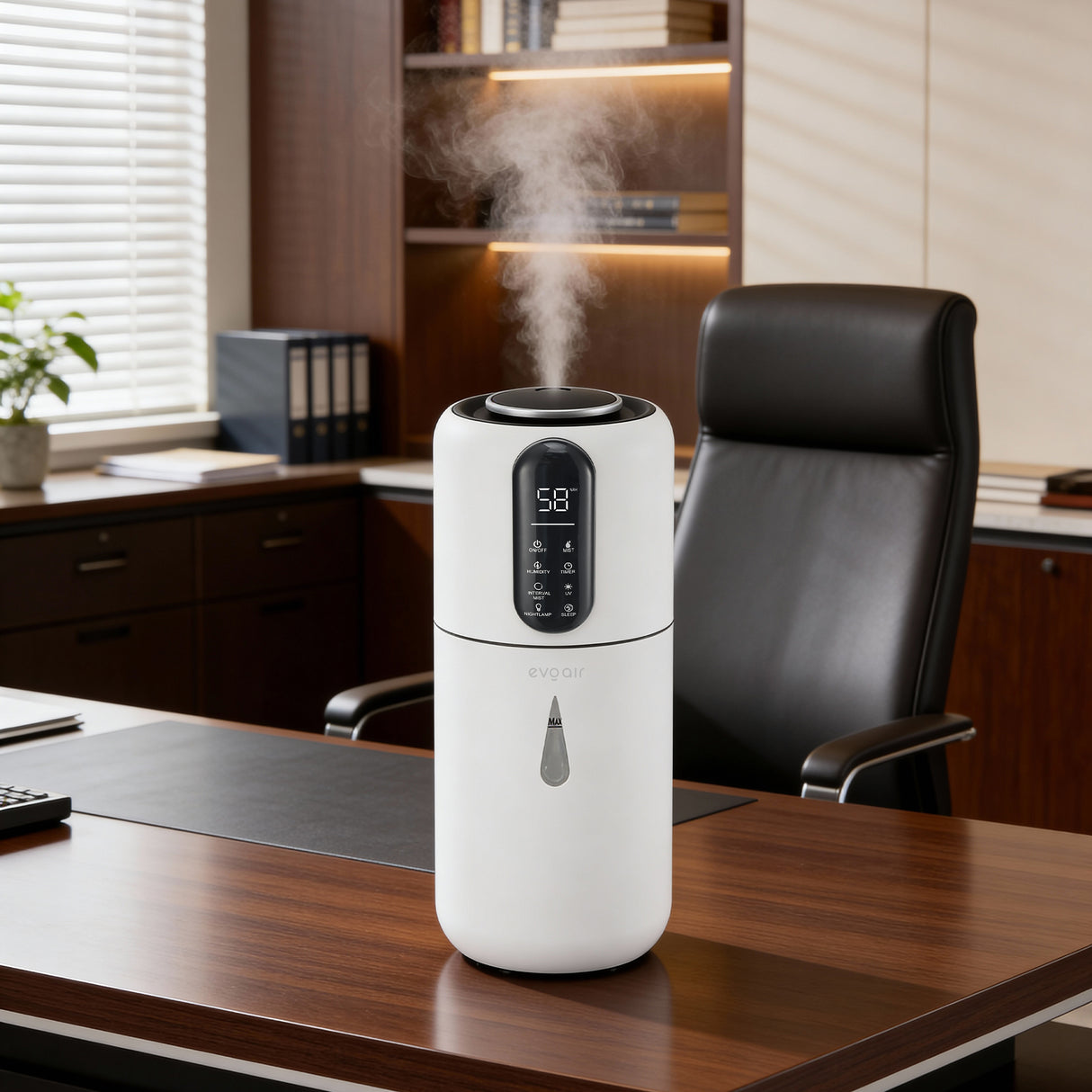 Umidificator Evoair STEAMIX3800 Smart, Wifi, Rezervor 3.8L, Capacitate de umidificare 300ml/h, Senzor umiditate, Mod Auto, Autonomie 13 ore, Lampă UVA, Aromaterapie, Indicator umiditate și temperatură, Telecomandă, Alb