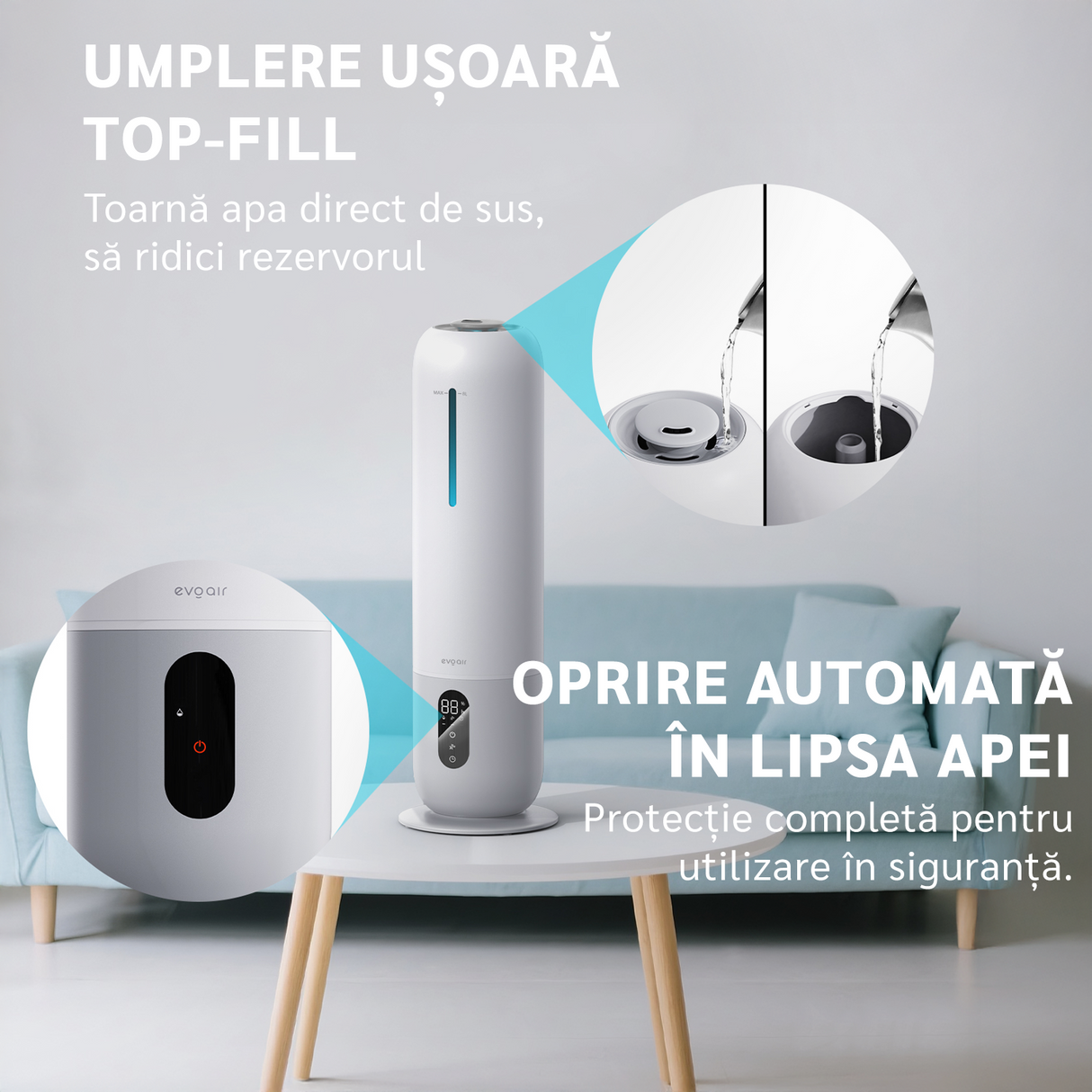 Umidificator aer Evoair Umio, Rezervor 8l, Lampa UV, 3 trepte umidificare, Indicator Umiditate, Duză de Ceață, Aromaterapie, Telecomandă, Alb