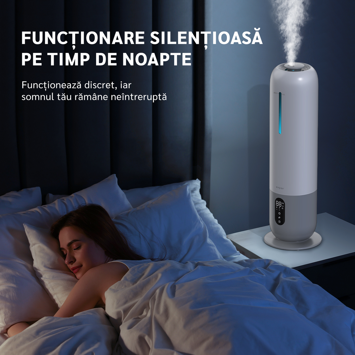Umidificator aer Evoair Umio, Rezervor 8l, Lampa UV, 3 trepte umidificare, Indicator Umiditate, Duză de Ceață, Aromaterapie, Telecomandă, Alb