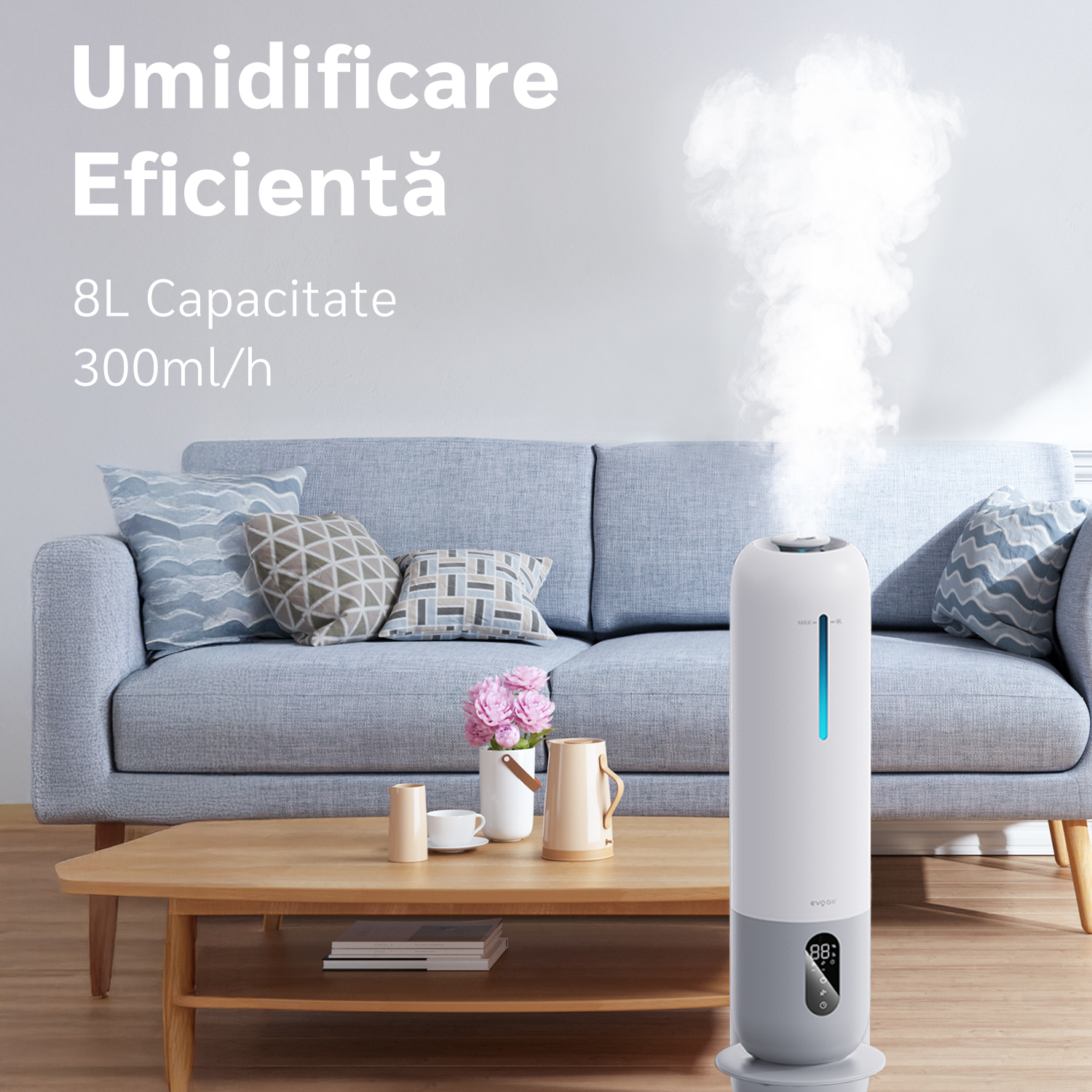 Umidificator aer Evoair Umio, Rezervor 8l, Lampa UV, 3 trepte umidificare, Indicator Umiditate, Duză de Ceață, Aromaterapie, Telecomandă, Alb