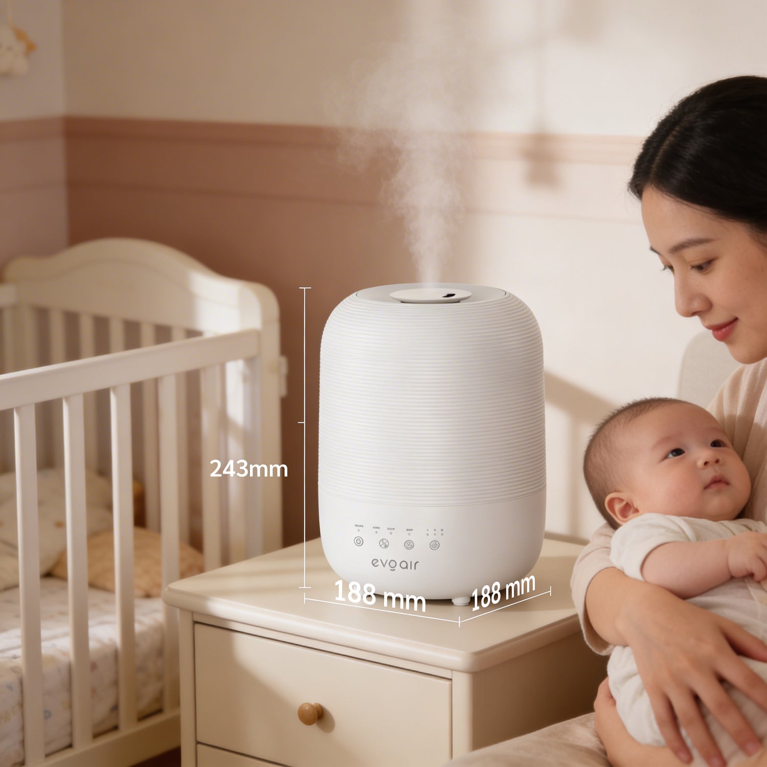 Umidificator Evoair UMIVA 3000 Rezorvor 3L, Capacitate de umidificare 300ml/h, Senzor umiditate, Mod Auto, Autonomie >8 ore, Indicator umiditate și temperatură, Alb