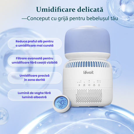 Umidificator aer Levoit Sprout Baby Evaporativ Smart, Rezervor 3.8l, 280ml/h, Senzor extern de umiditate, Comandă vocală, Funcție Auto-Drying, Albastru