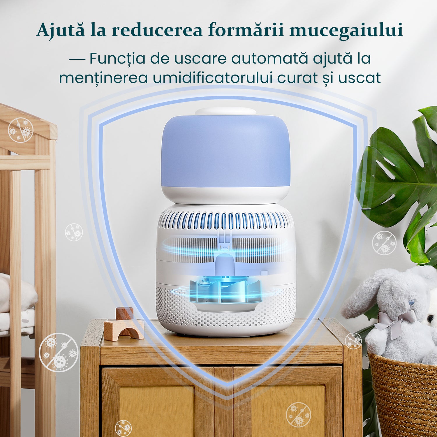 Umidificator aer Levoit Sprout Baby Evaporativ Smart, Rezervor 3.8l, 280ml/h, Senzor extern de umiditate, Comandă vocală, Funcție Auto-Drying, Albastru