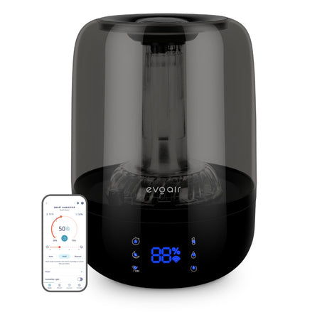 Umidificator Evoair LUNO, Smart, Wifi, Rezervor 2.5L, Capacitate de umidificare 150 ml/h, Senzor umiditate, Autonomie 16 ore, Indicator umiditate și temperatură, Filtru mineral Anticalcar