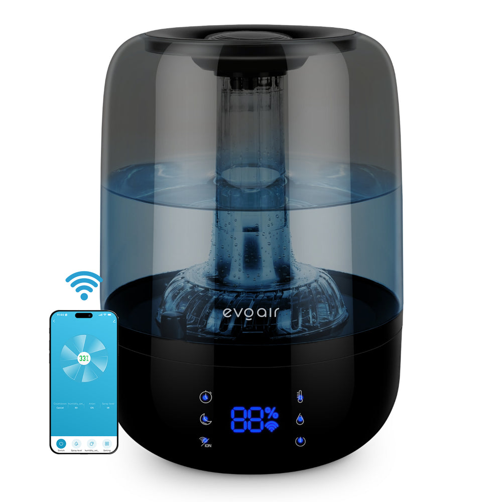 Umidificator Evoair LUNO BLACK, Smart, Wifi, Rezervor 2.5L, Capacitate de umidificare 150 ml/h, Senzor umiditate, Autonomie 16 ore, Indicator umiditate și temperatură, Negru&Gri