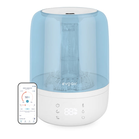 Umidificator Evoair LUNO, Smart, Wifi, Rezervor 2.5L, Capacitate de umidificare 150 ml/h, Senzor umiditate, Autonomie 16 ore, Indicator umiditate și temperatură, Filtru mineral Anticalcar