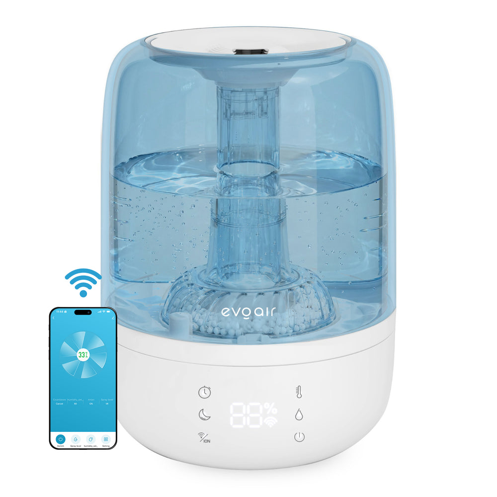 Umidificator Evoair LUNO BLUE, Smart, Wifi, Rezervor 2.5LCapacitate de umidificare 150 ml/h, Senzor umiditate, Autonomie 16 ore, Indicator umiditate și temperatură, Alb&Albastru