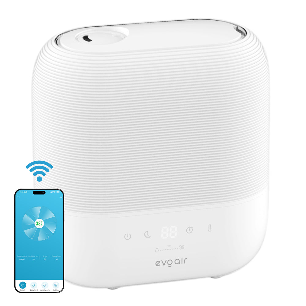 Resigilat! Umidificator aer Evoair UMIVA 4700 Smart, Rezervor 4.8l, 400ml/h, Functie Incalzire, Lumina ambientala in 7 culori,  3 trepte umidificare,  Indicator Umiditate, Duză de Ceață, Mod Auto, Aromaterapie, Alb