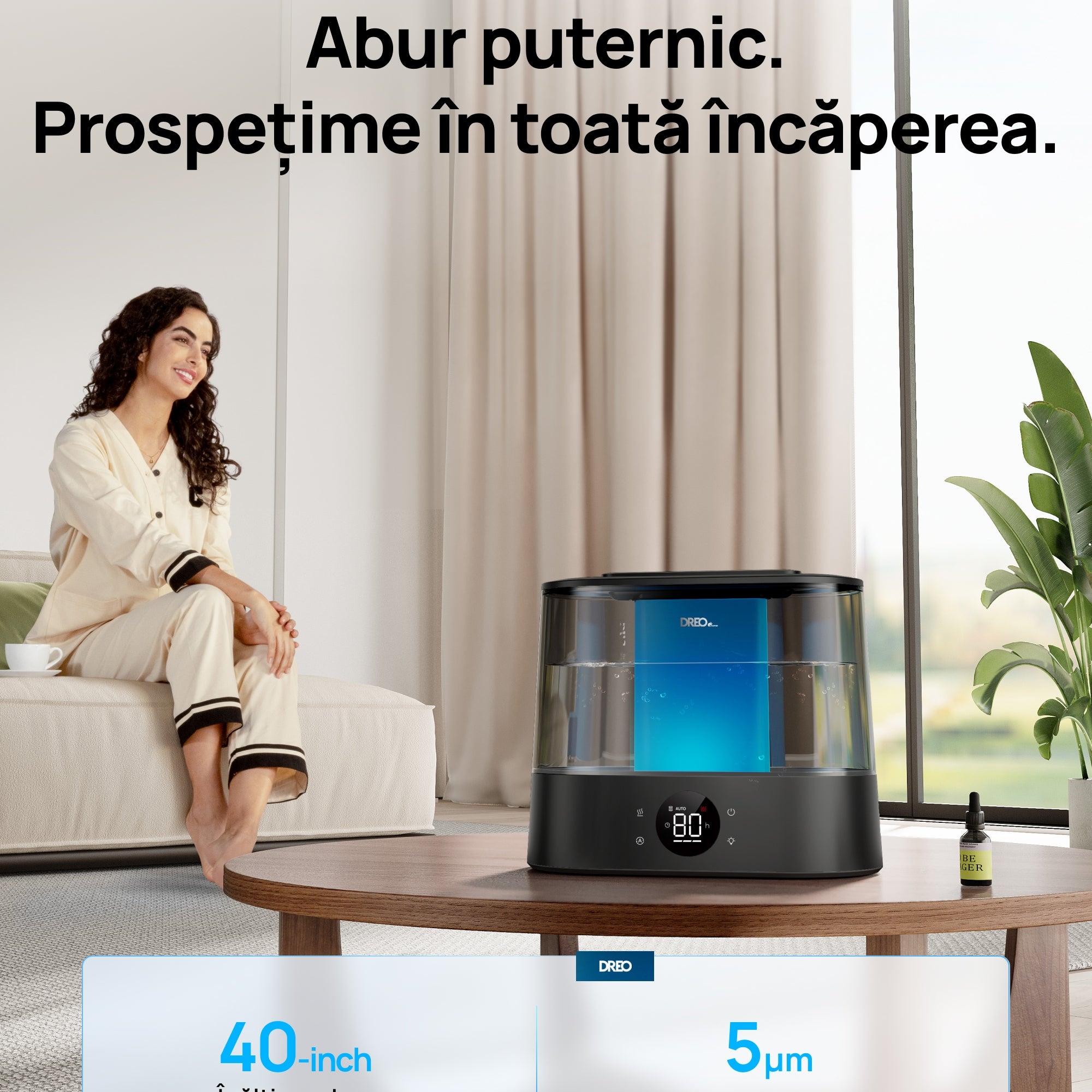 Umidificator aer Dreo DR-HHM010S Smart, Rezervor 4l, 250ml/h, 3 trepte umidificare, Senzor de Umiditate, Mod Auto, Aromaterapie, Negru