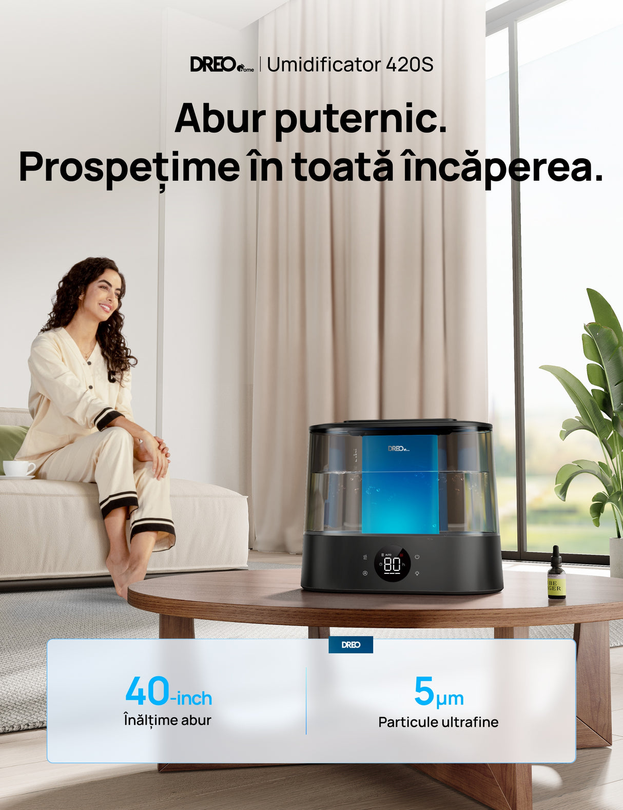 Umidificator aer Dreo DR-HHM010S Smart, Rezervor 4l, 250ml/h, 3 trepte umidificare, Senzor de Umiditate, Mod Auto, Aromaterapie, Negru