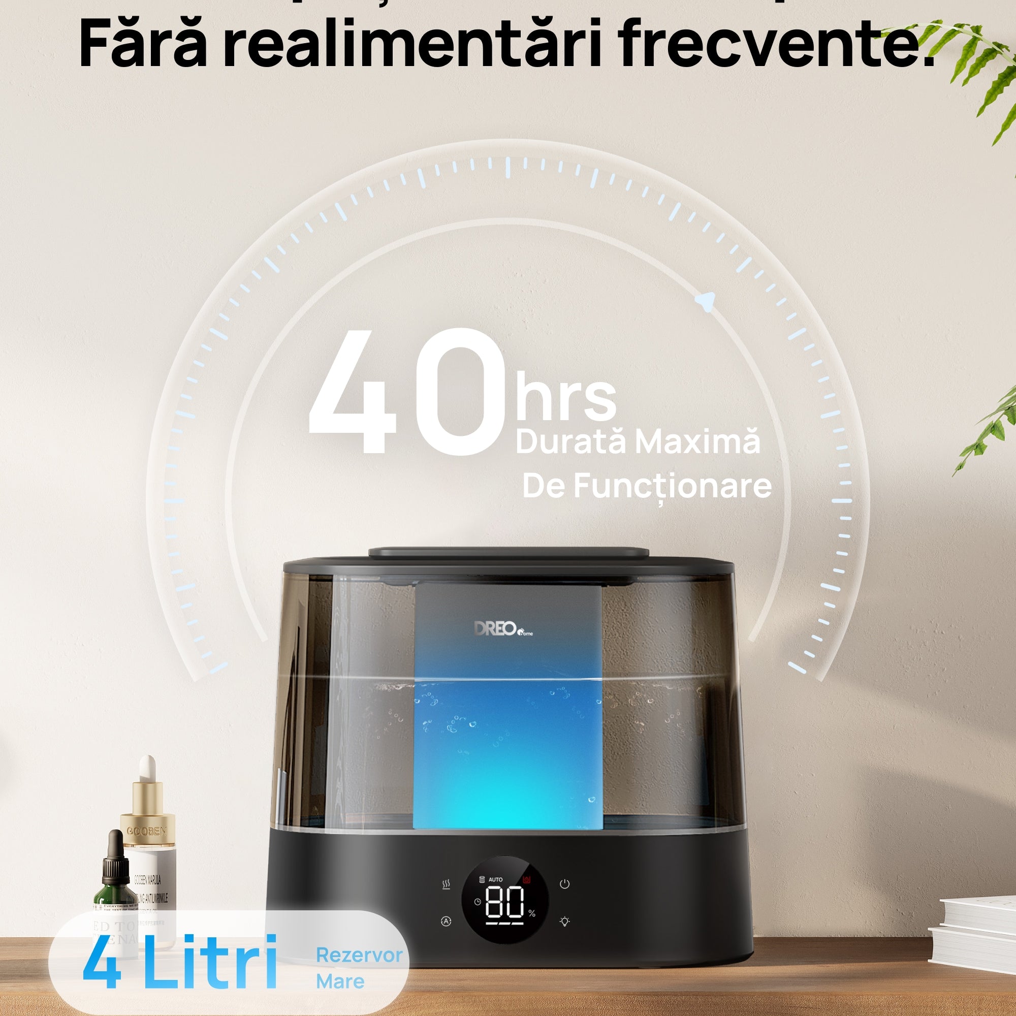 Umidificator aer Dreo DR-HHM010S Smart, Rezervor 4l, 250ml/h, 3 trepte umidificare, Senzor de Umiditate, Mod Auto, Aromaterapie, Negru