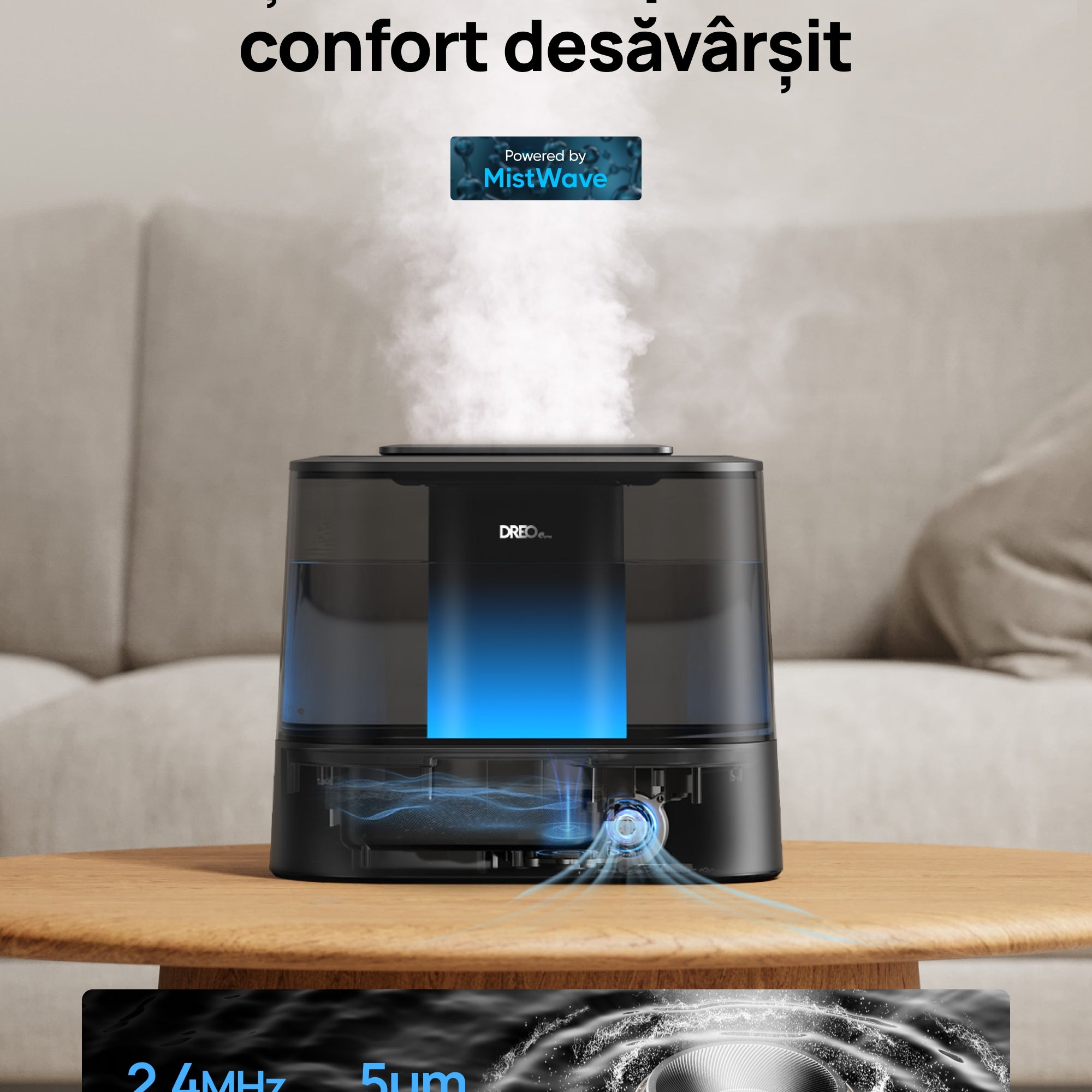 Umidificator aer Dreo DR-HHM010S Smart, Rezervor 4l, 250ml/h, 3 trepte umidificare, Senzor de Umiditate, Mod Auto, Aromaterapie, Negru