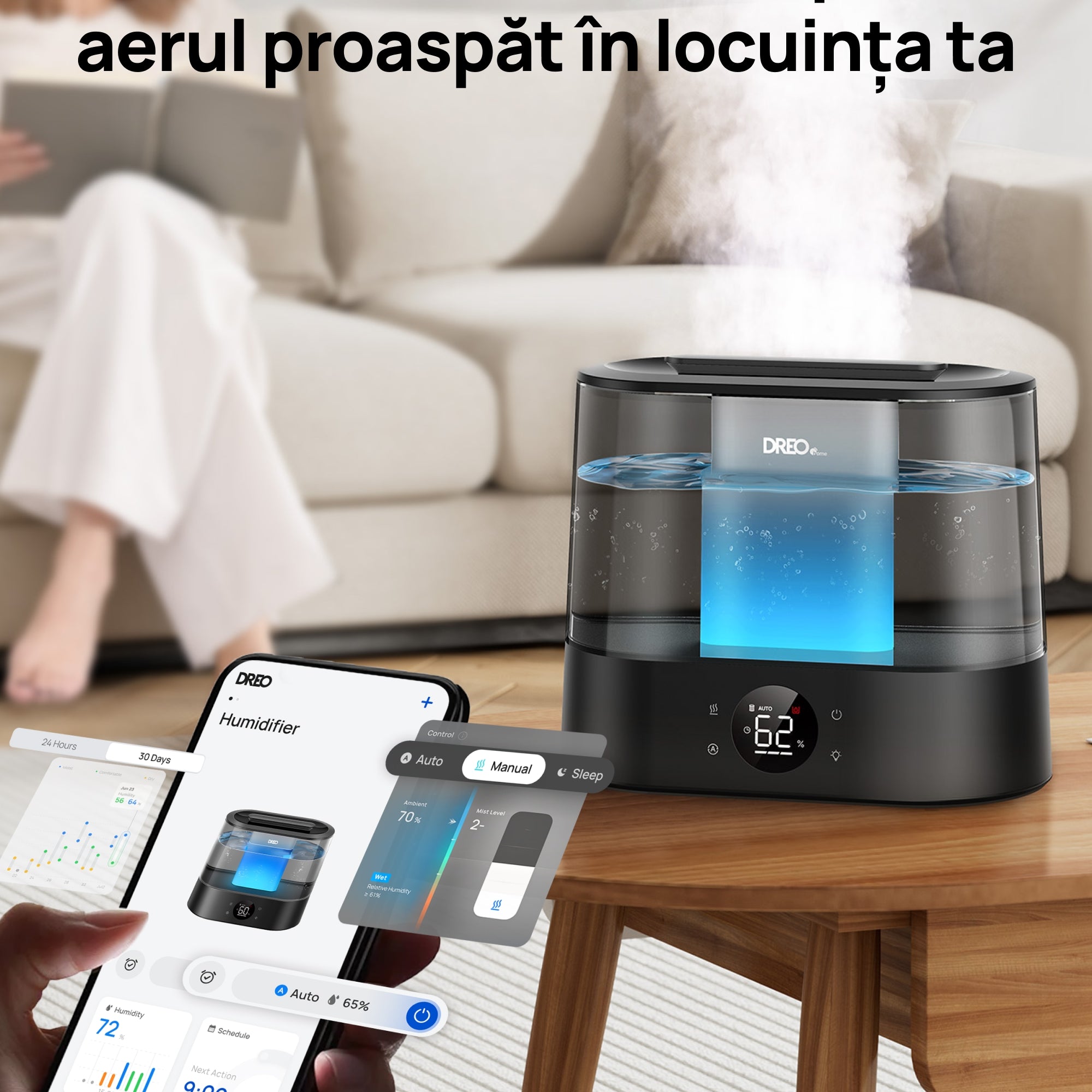 Umidificator aer Dreo DR-HHM010S Smart, Rezervor 4l, 250ml/h, 3 trepte umidificare, Senzor de Umiditate, Mod Auto, Aromaterapie, Negru