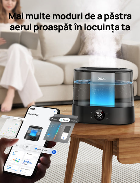 Resigilat! Umidificator aer Dreo 420S Smart, Rezervor 4l, 250ml/h, 3 trepte umidificare, Senzor de Umiditate, Indicator Umiditate,Mod Auto, Aromaterapie, Negru