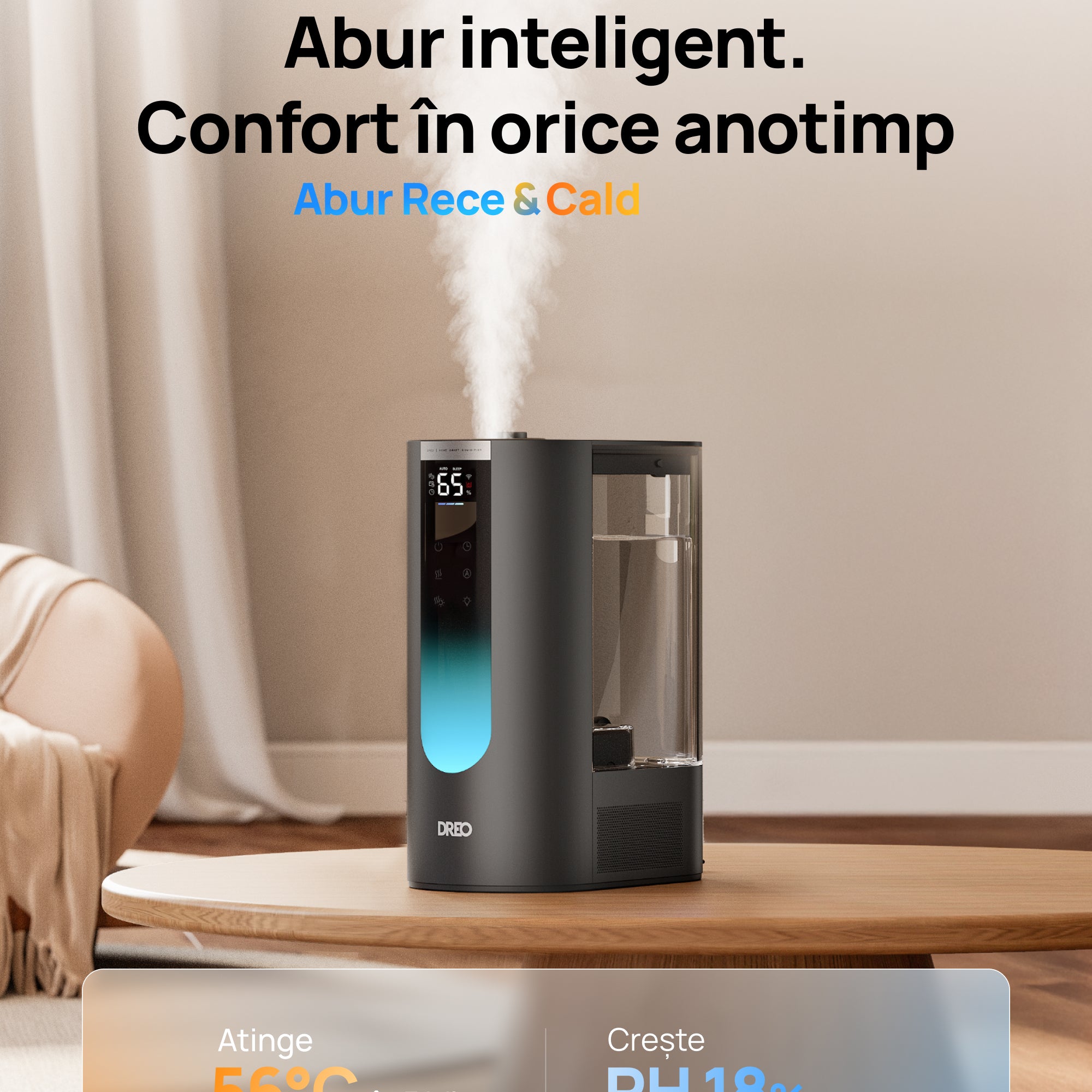Umidificator aer Dreo DR-HHM013S Smart, Rezervor 6l, 500ml/h, Functie Incalzire, 3 trepte umidificare, Indicator Umiditate, Duză de Ceață, Mod Auto, Aromaterapie, Negru