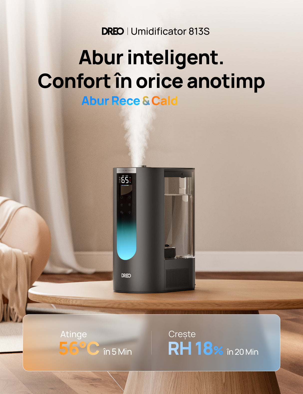 Umidificator aer Dreo DR-HHM013S Smart, Rezervor 6l, 500ml/h, Functie Incalzire, 3 trepte umidificare, Indicator Umiditate, Duză de Ceață, Mod Auto, Aromaterapie, Negru