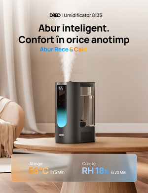 Umidificator aer Dreo DR-HHM013S Smart, Rezervor 6l, 500ml/h, Functie Incalzire, 3 trepte umidificare, Indicator Umiditate, Duză de Ceață, Mod Auto, Aromaterapie, Negru