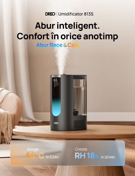Resigilat! Umidificator aer Dreo 813S Smart, Rezervor 6l, 500ml/h, Ceață caldă și rece, 3 trepte umidificare, Senzor umiditate, Indicator Umiditate, Duză de Ceață, Mod Auto, Aromaterapie, Negru