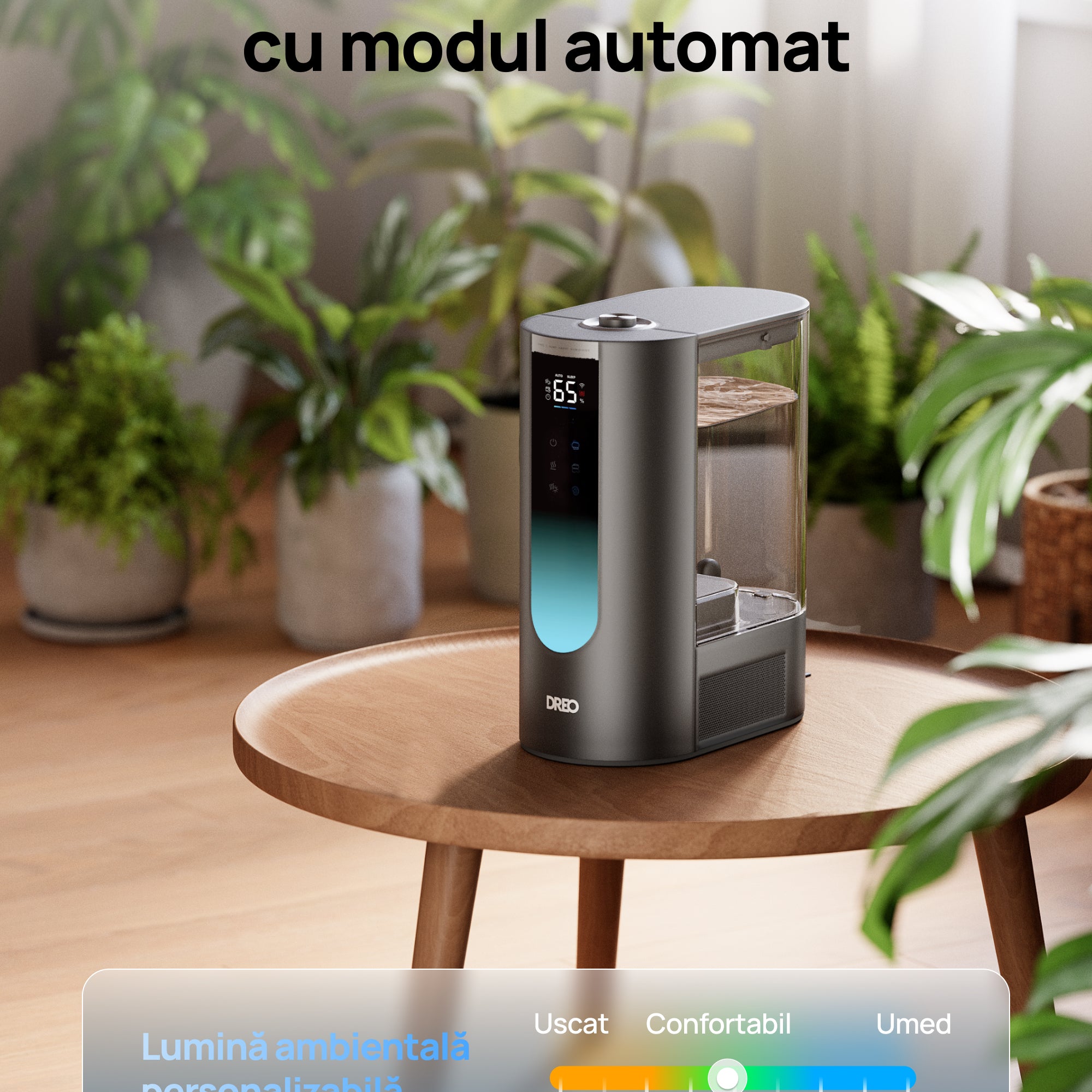 Umidificator aer Dreo DR-HHM013S Smart, Rezervor 6l, 500ml/h, Functie Incalzire, 3 trepte umidificare, Indicator Umiditate, Duză de Ceață, Mod Auto, Aromaterapie, Negru
