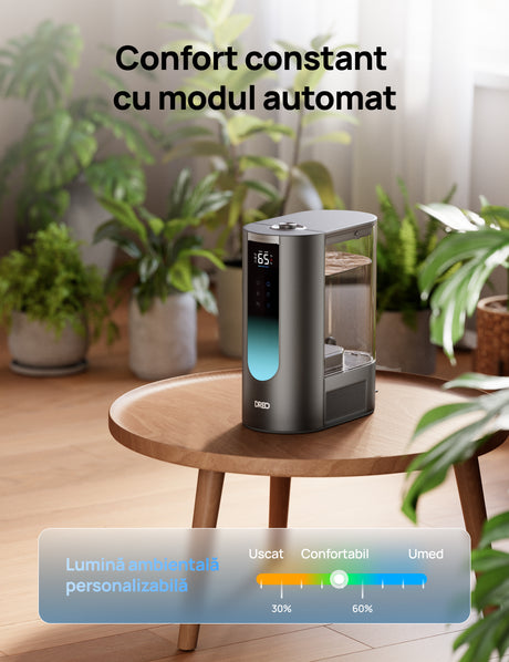 Resigilat! Umidificator aer Dreo 813S Smart, Rezervor 6l, 500ml/h, Ceață caldă și rece, 3 trepte umidificare, Senzor umiditate, Indicator Umiditate, Duză de Ceață, Mod Auto, Aromaterapie, Negru