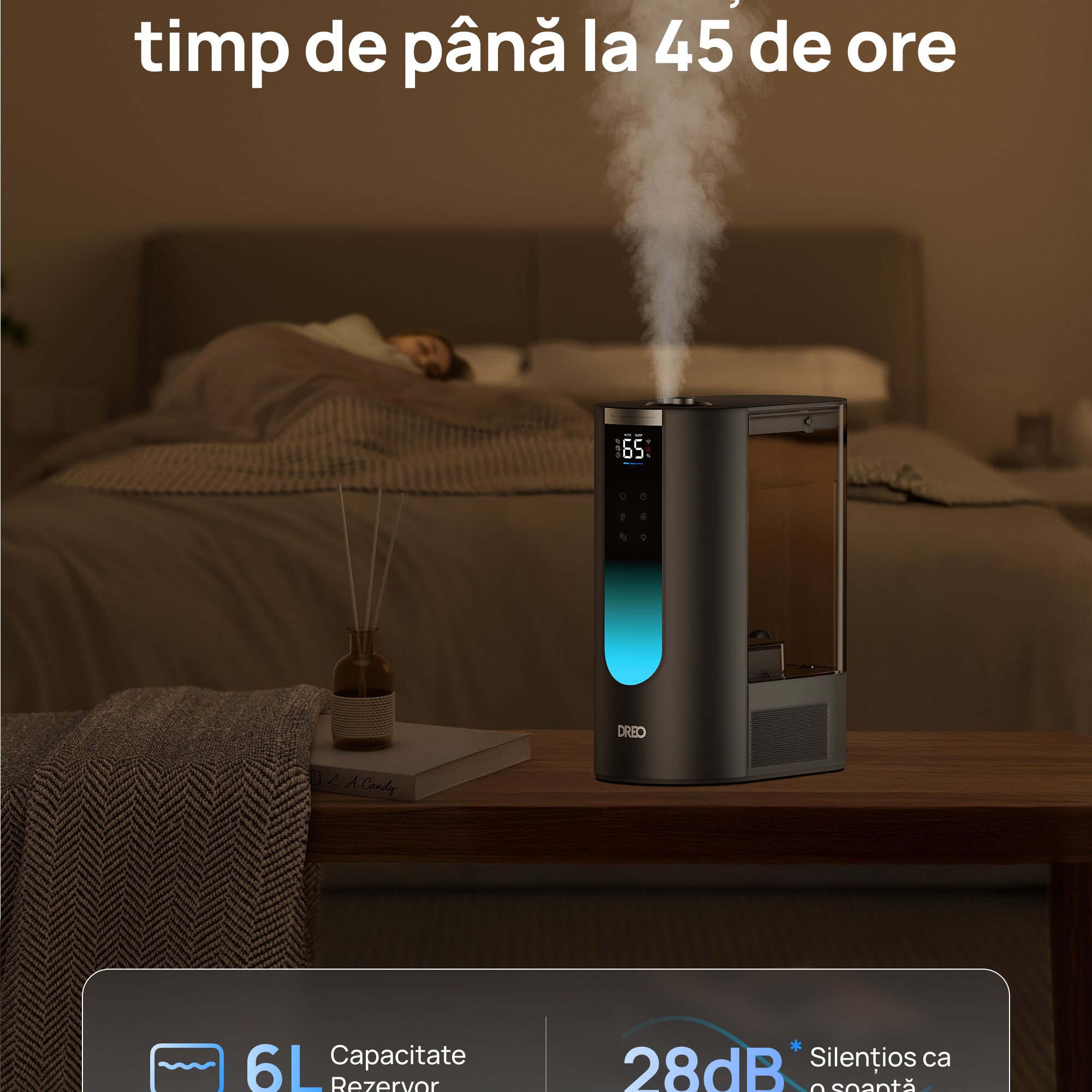 Umidificator aer Dreo DR-HHM013S Smart, Rezervor 6l, 500ml/h, Functie Incalzire, 3 trepte umidificare, Indicator Umiditate, Duză de Ceață, Mod Auto, Aromaterapie, Negru