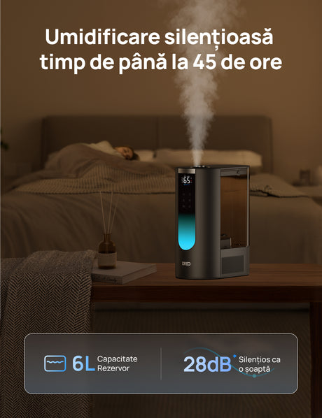 Resigilat! Umidificator aer Dreo 813S Smart, Rezervor 6l, 500ml/h, Ceață caldă și rece, 3 trepte umidificare, Senzor umiditate, Indicator Umiditate, Duză de Ceață, Mod Auto, Aromaterapie, Negru