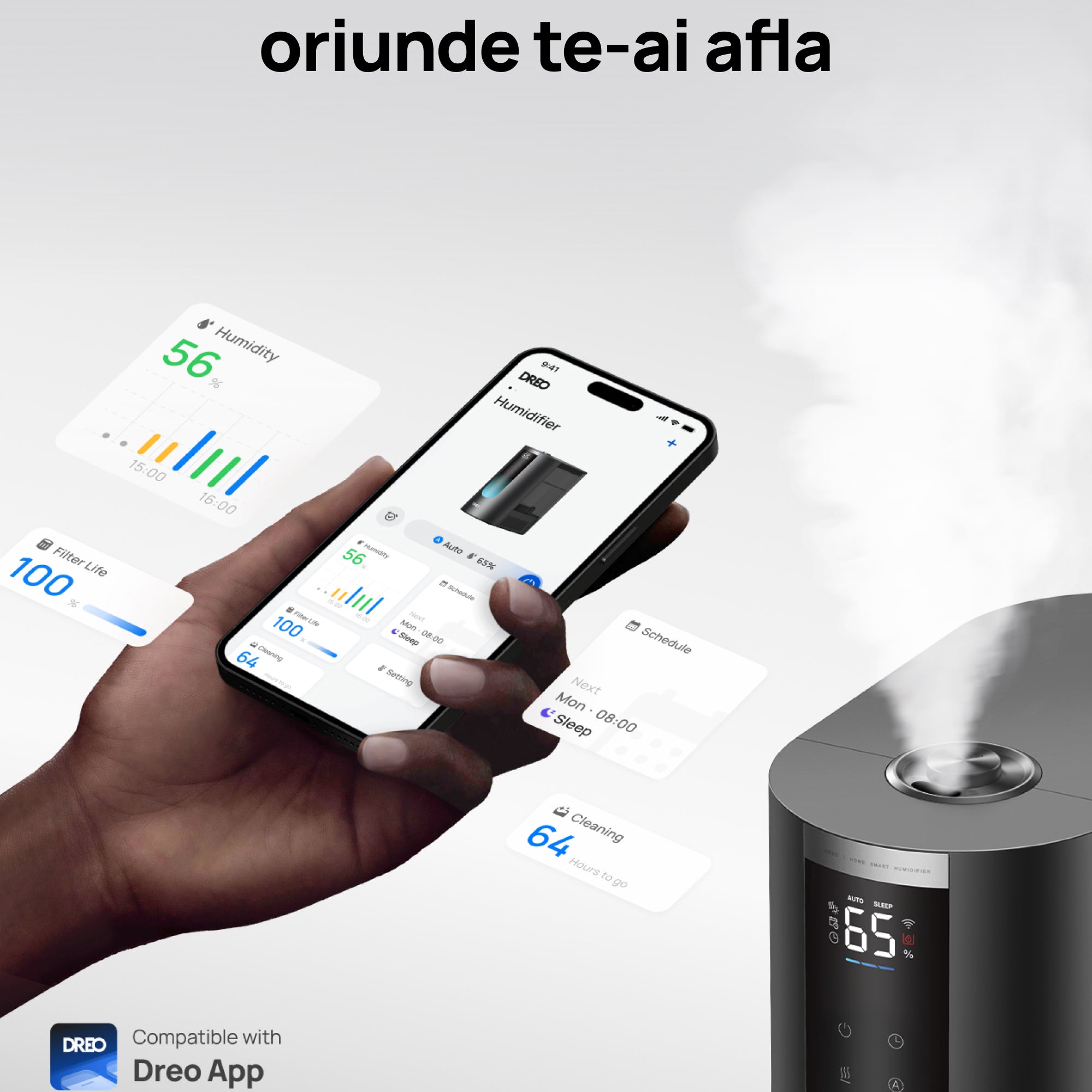 Umidificator aer Dreo DR-HHM010S Smart, Rezervor 4l, 250ml/h, 3 trepte umidificare, Senzor de Umiditate, Mod Auto, Aromaterapie, Negru