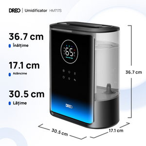Umidificator de aer Dreo 717S Smart, Rezervor 8L, 550ml/h, Ceață caldă și rece, Autonomie până la 80h, Acoperire 56m², Senzor umiditate, Indicator Umiditate, Temporizator, Aromaterapie, Negru