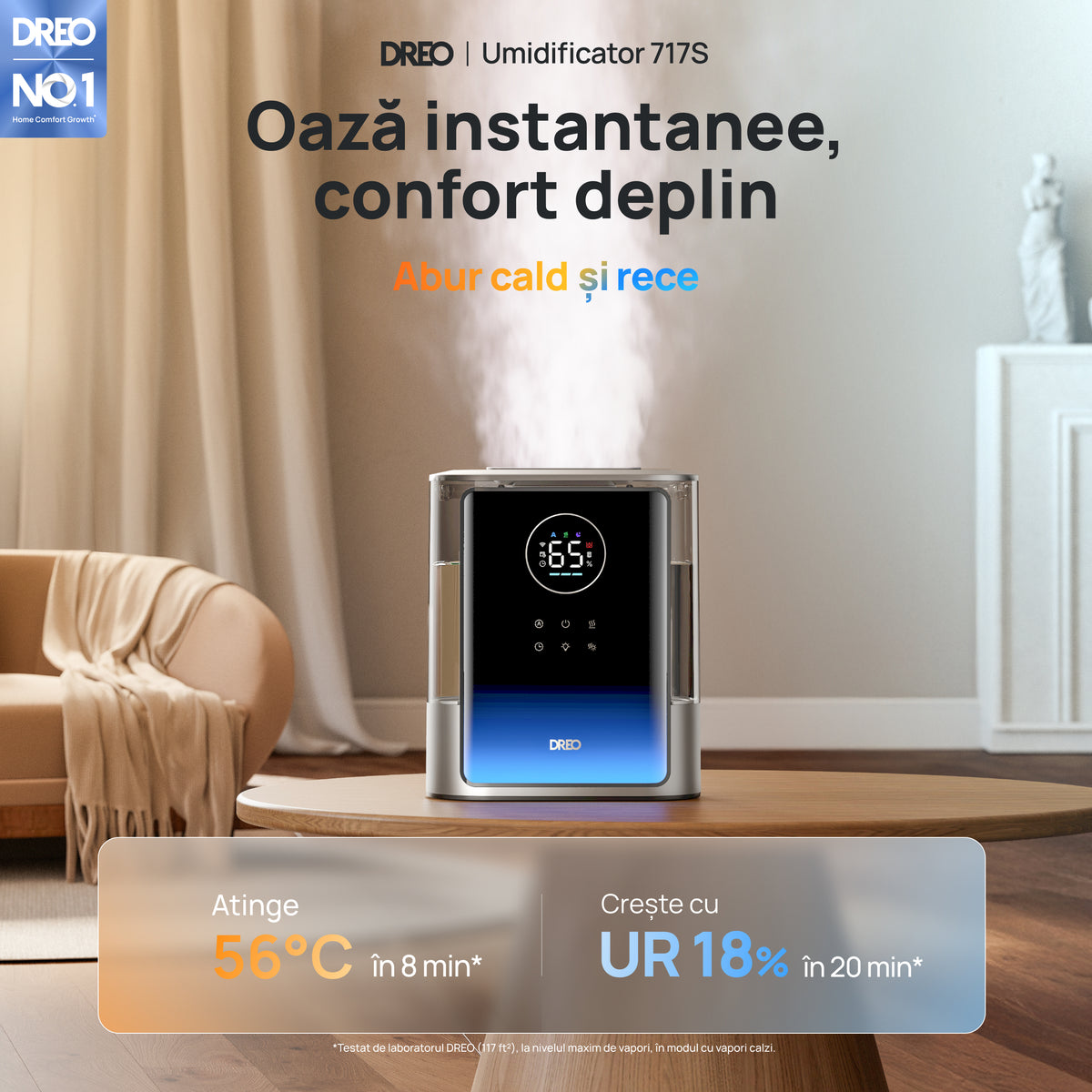 Umidificator de aer Dreo 717S Smart, Rezervor 8L, 550ml/h, Ceață caldă și rece, Autonomie până la 80h, Acoperire 56m², Senzor umiditate, Indicator Umiditate, Temporizator, Aromaterapie, Negru
