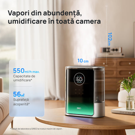 Umidificator de aer Dreo 717S Smart, Rezervor 8L, 550ml/h, Ceață caldă și rece, Autonomie până la 80h, Acoperire 56m², Senzor umiditate, Indicator Umiditate, Temporizator, Aromaterapie, Negru