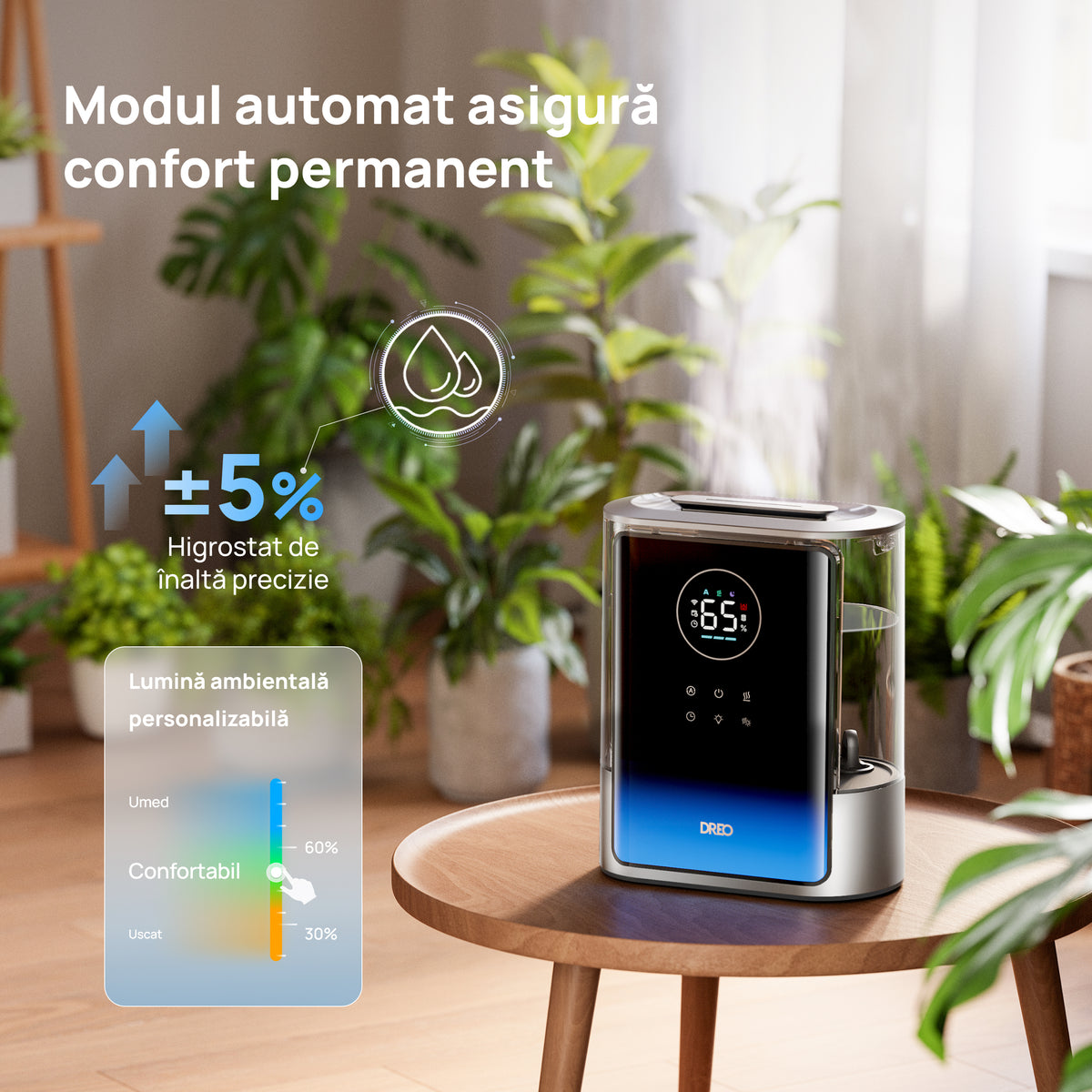 Umidificator de aer Dreo 717S Smart, Rezervor 8L, 550ml/h, Ceață caldă și rece, Autonomie până la 80h, Acoperire 56m², Senzor umiditate, Indicator Umiditate, Temporizator, Aromaterapie, Negru